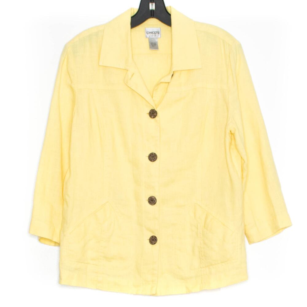 Chicos Womens Jacket 100% Linen Button Up Spring Yellow Size 1 Medium 8 FB